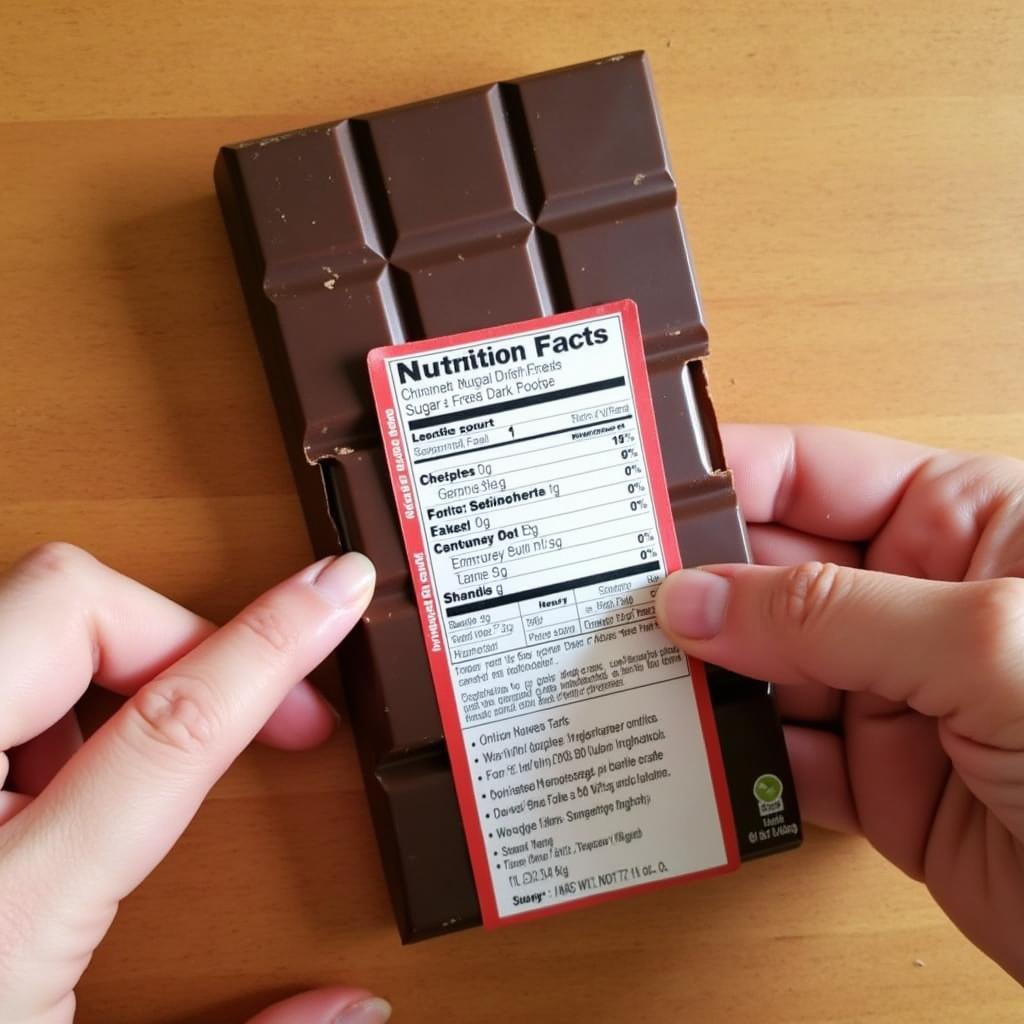 Hand Holding Sugar Free Chocolate Bar and Reading Label