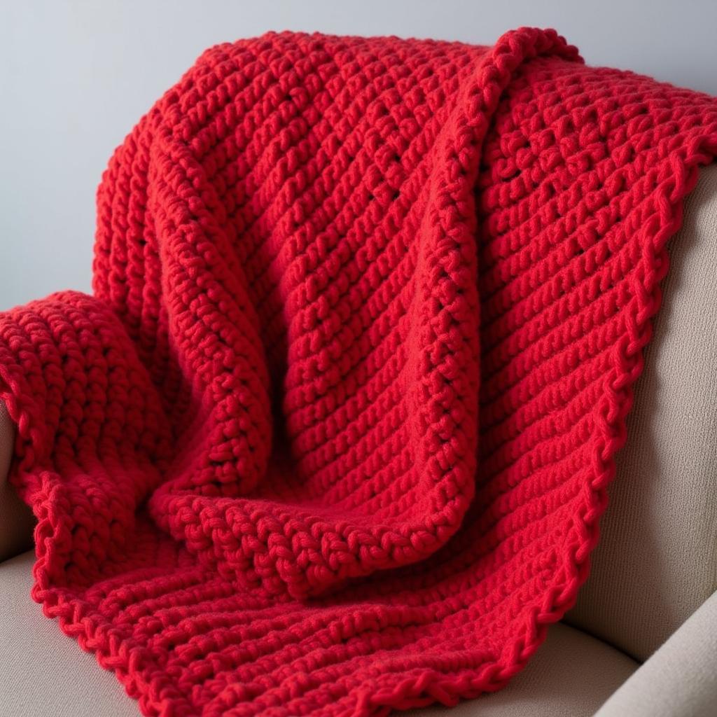 Red heart ripple afghan on a cozy armchair