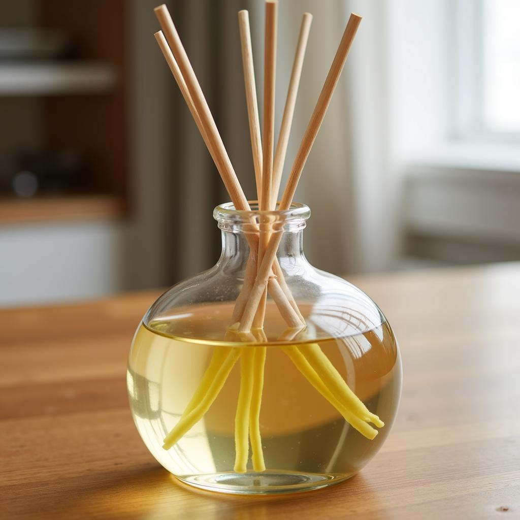 Elegant reed diffuser in a glass bottle with essential oil