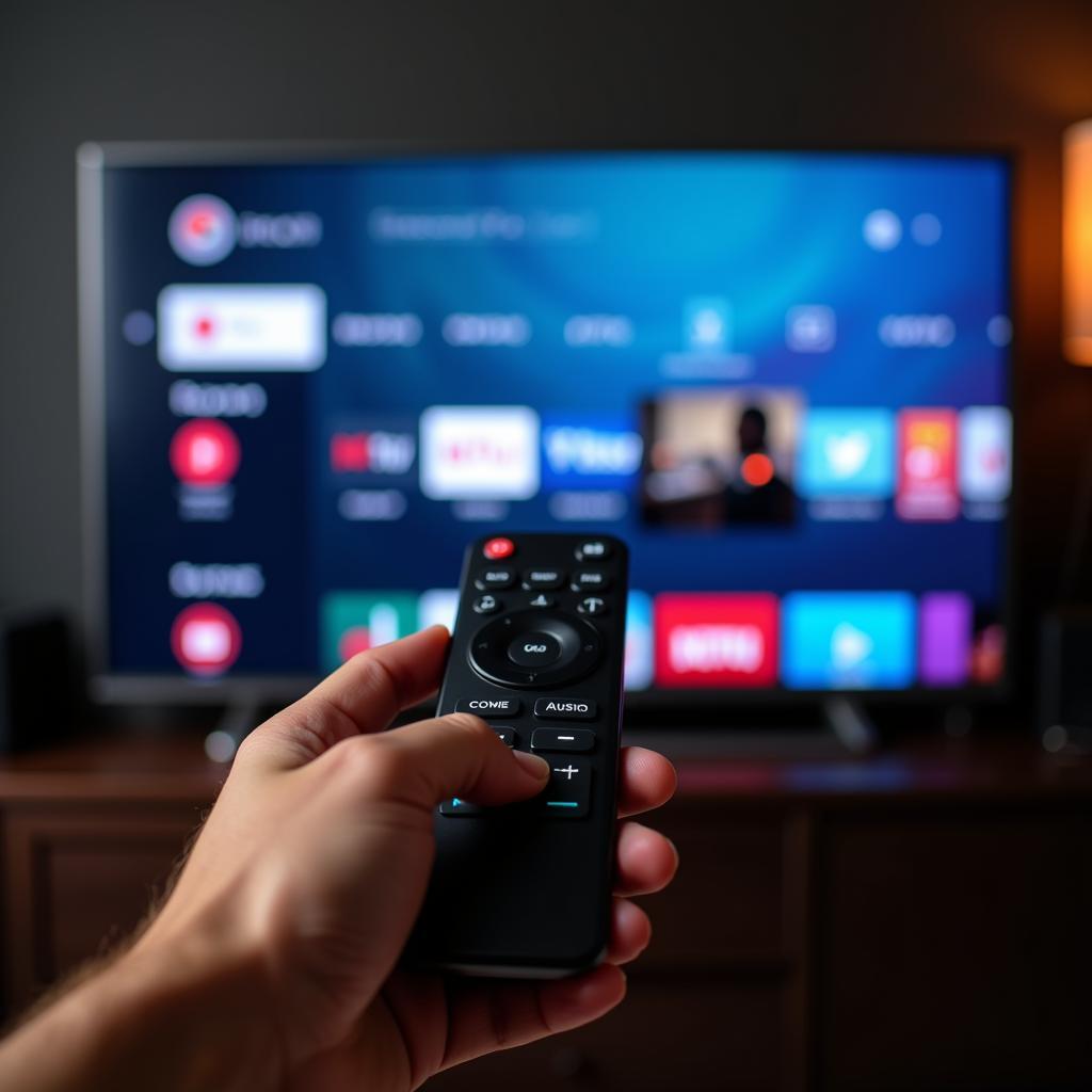 Close-up of a hand holding a remote control and selecting a movie on a TV screen with a user-friendly interface.