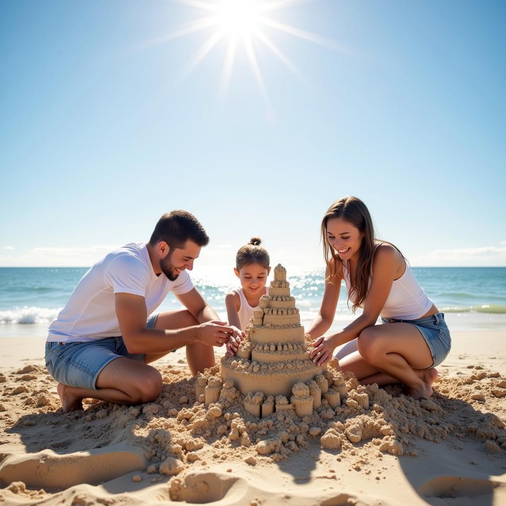 Family building sandcastles on a Rhode Island beach