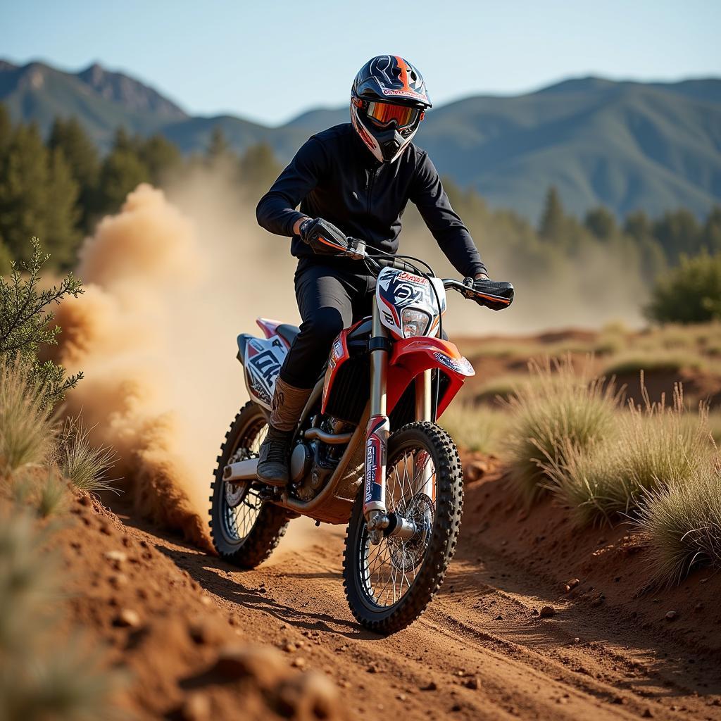 A rider enjoys their new dirt bike on a trail. 