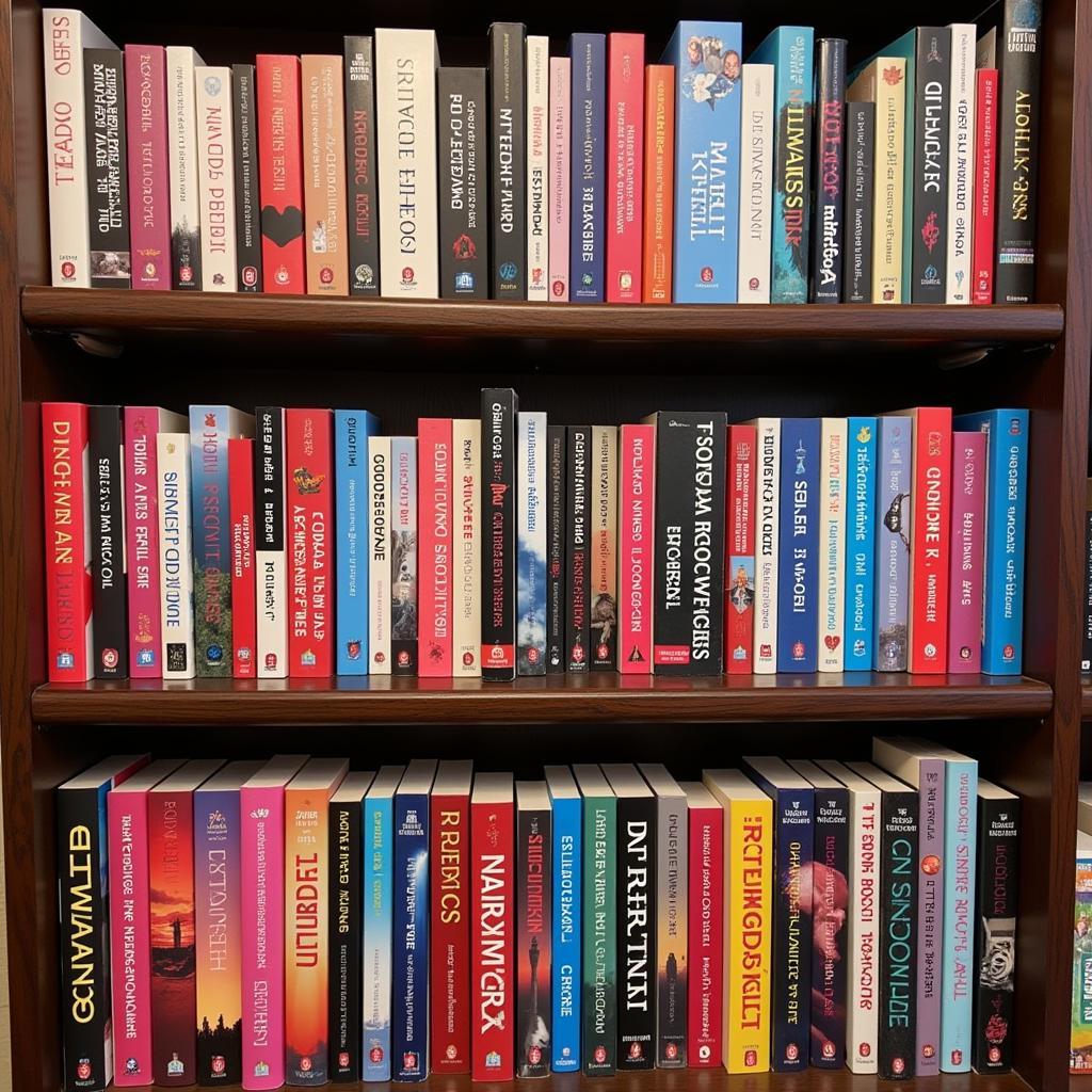 A variety of romance novels on a shelf.