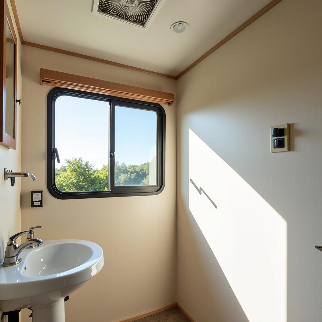 RV Bathroom with Open Window and Running Exhaust Fan