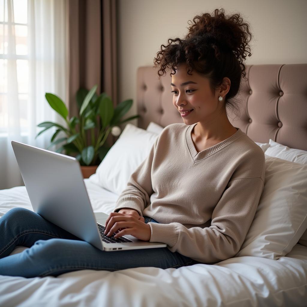 woman using laptop for safe webcam interaction