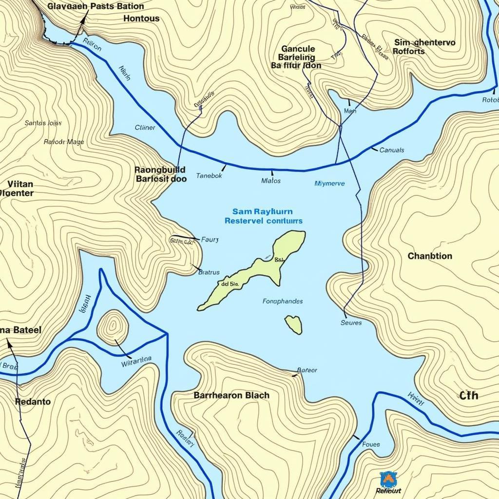 Topographical map of Sam Rayburn Reservoir