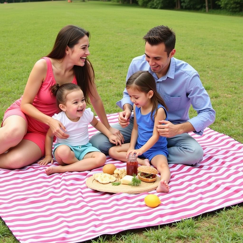 Family enjoying a picnic on a sand-free beach mat