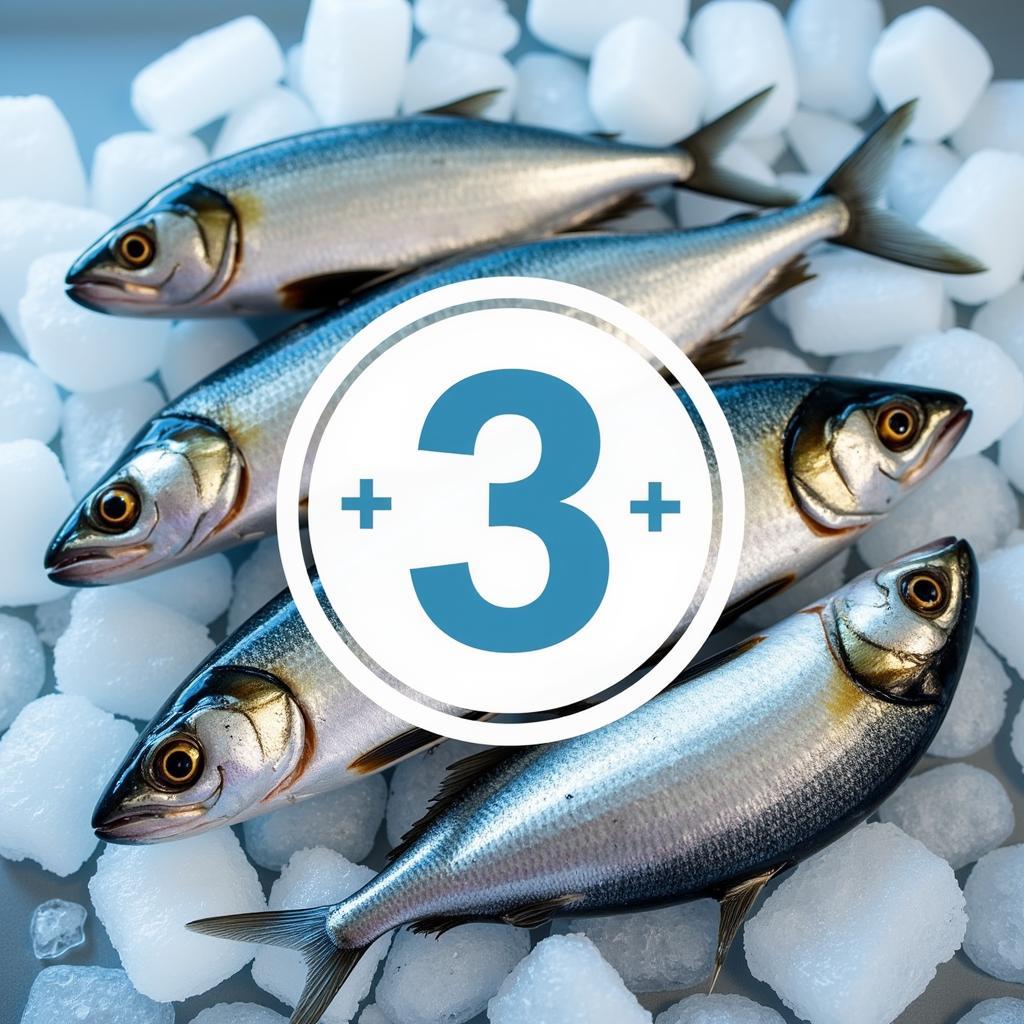 Sardines arranged on a bed of ice with a graphic overlay illustrating Omega-3 fatty acids