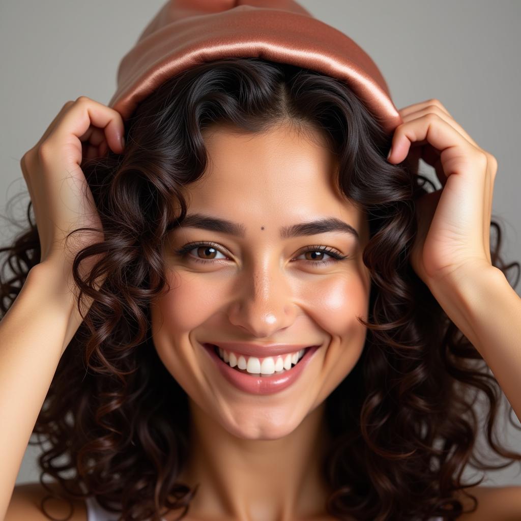 Woman Wearing a Satin-Lined Beanie