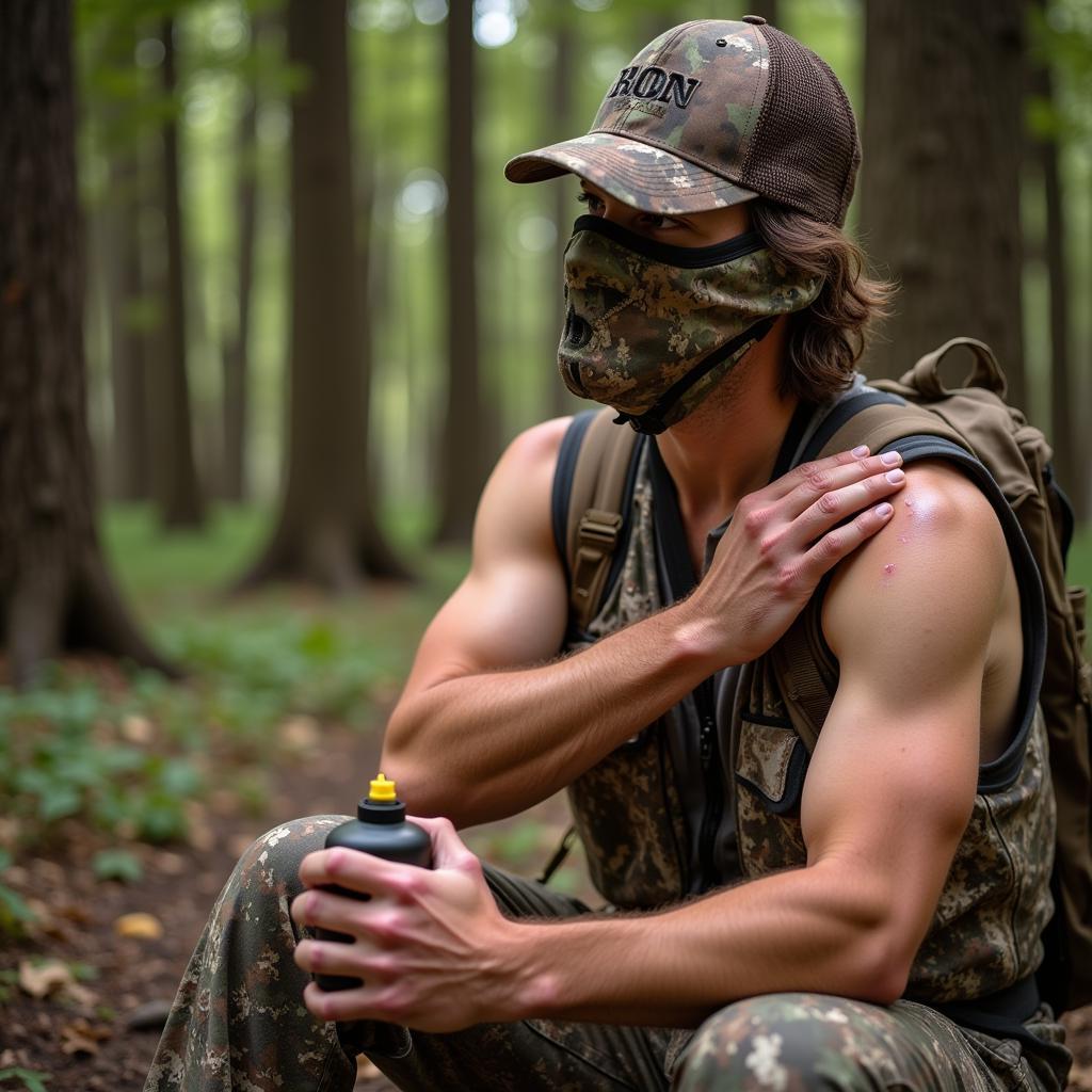 Hunter using scent-free insect repellent in the woods