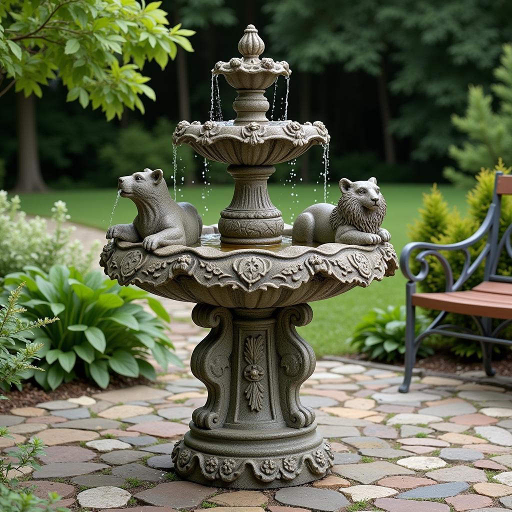 Sculptural outdoor water fountain with intricate details