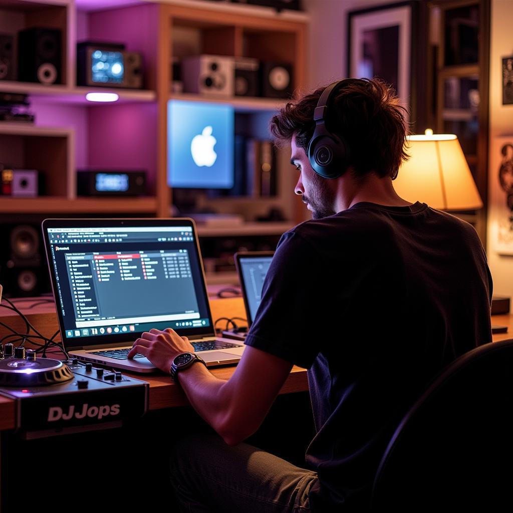 A person searches for free DJ drops on their laptop, surrounded by music equipment, symbolizing the pursuit of the perfect audio elements for their mixes.