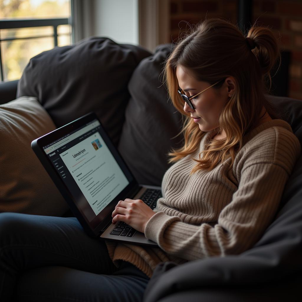 Woman searching for free ebooks online using a laptop