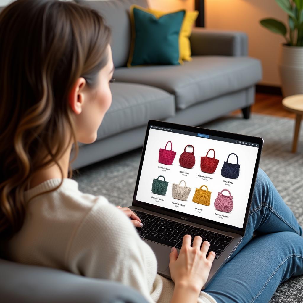 Woman Browsing Crochet Patterns on Laptop