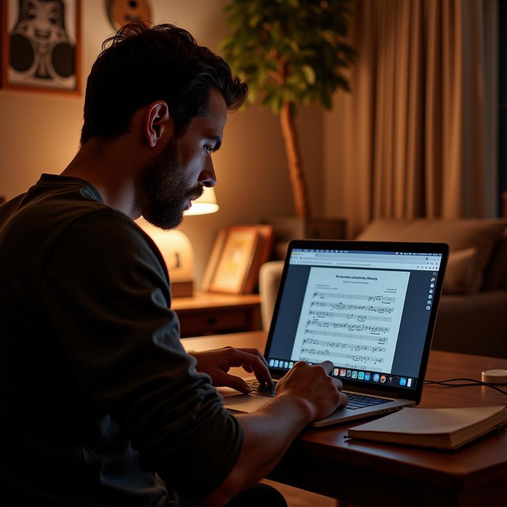 Musician browsing free sheet music on a laptop