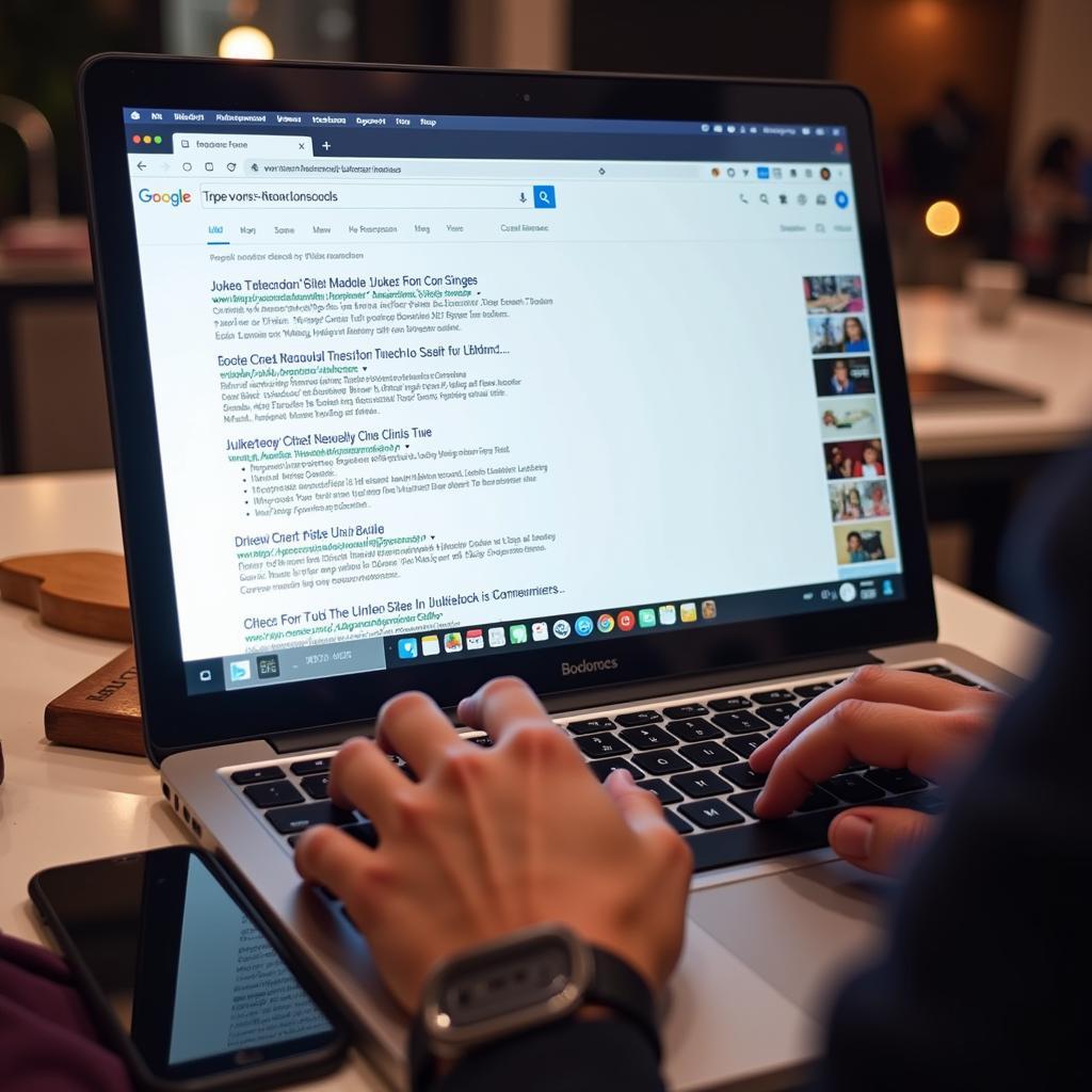 Person searching for jukebox manuals on a laptop