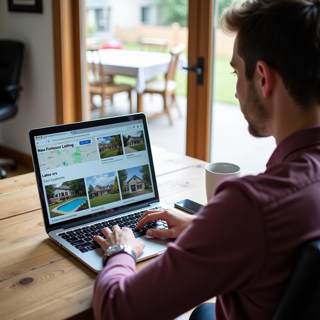 Person searching foreclosure listings on a laptop with a New Hampshire map in the background