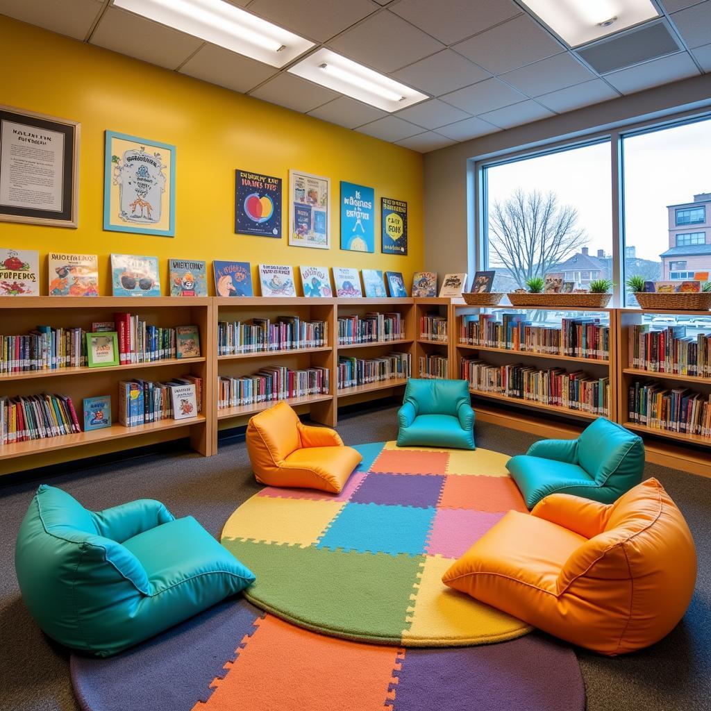 Children's reading corner with colorful books and comfy cushions