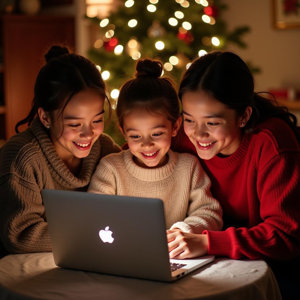 Family gathered around a laptop choosing a free printable Christmas story