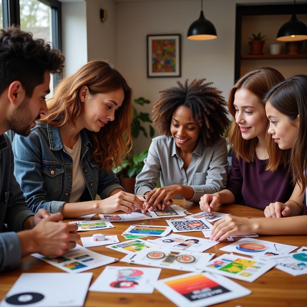 A group of people brainstorming and looking at various promotional products