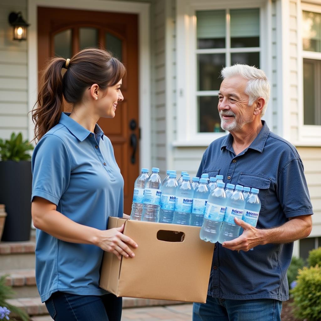 Senior receiving water delivery at home