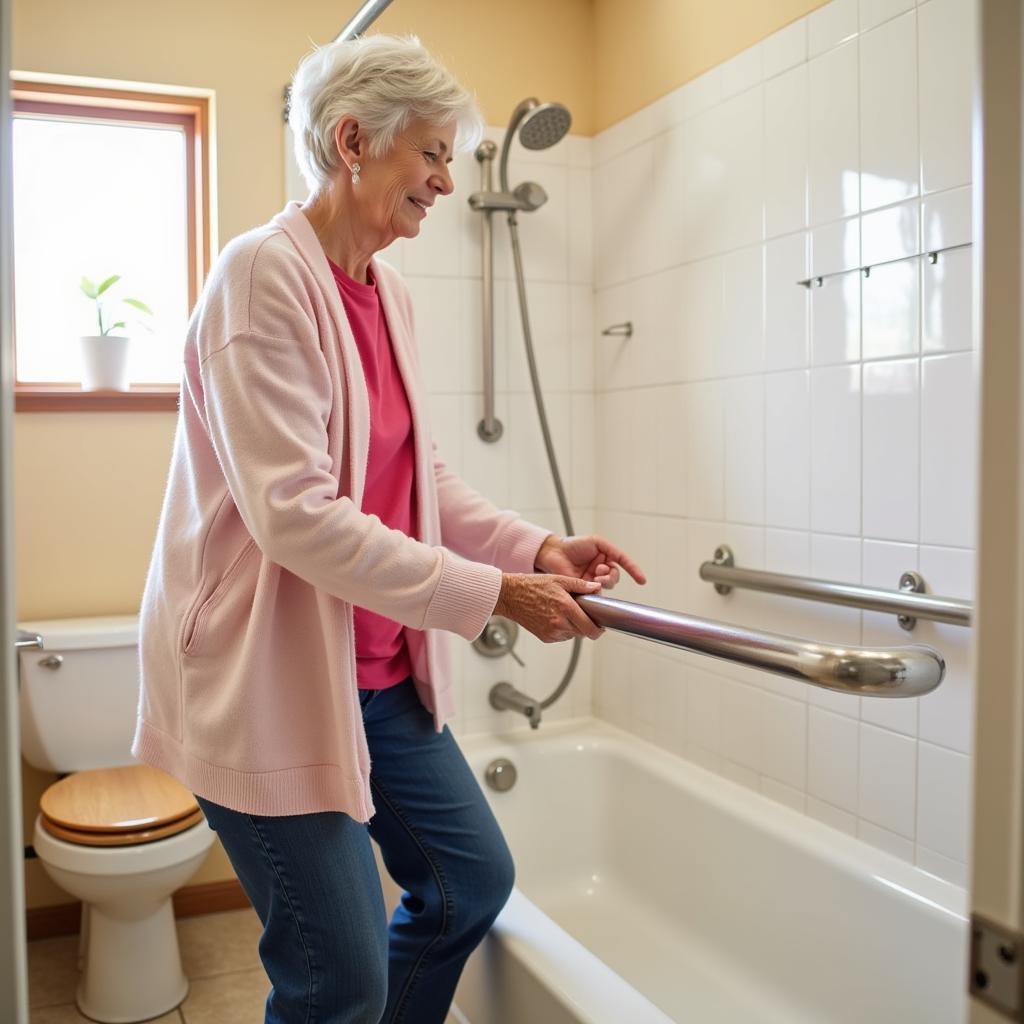 Senior using grab bar in bathroom