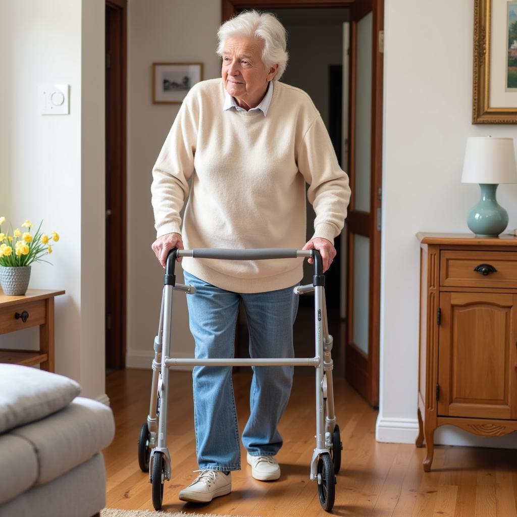 Senior Safely Navigating Indoors with a Walker