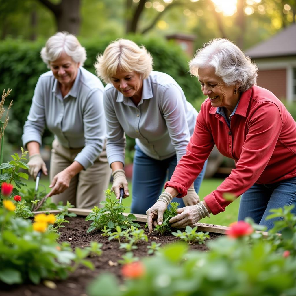 A group of seniors volunteering in a community garden, demonstrating active engagement and purpose.