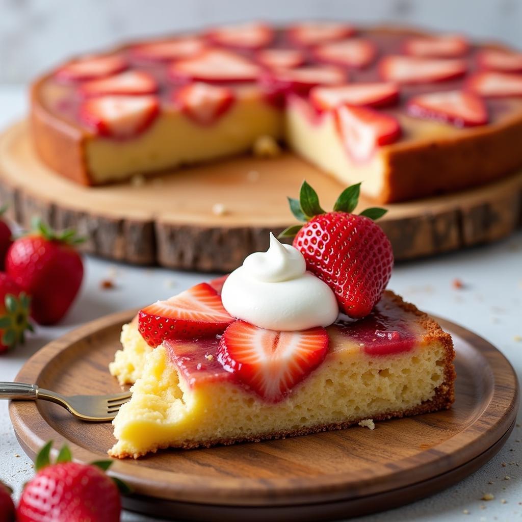 Savor the moment: a slice of gluten-free strawberry upside down cake ready to be enjoyed.