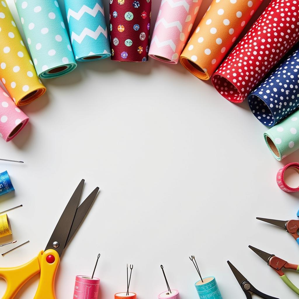 Sewing essentials neatly arranged on a table with fabric rolls in the background