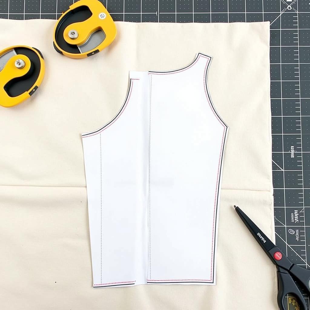 Essential tools for laying out and cutting sewing patterns, including pattern weights, rotary cutters, and a cutting mat.