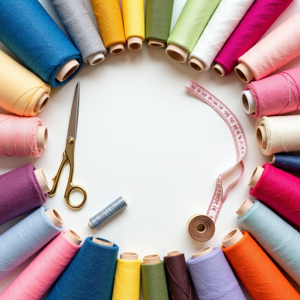 Sewing supplies and colorful fabric arranged on a table 