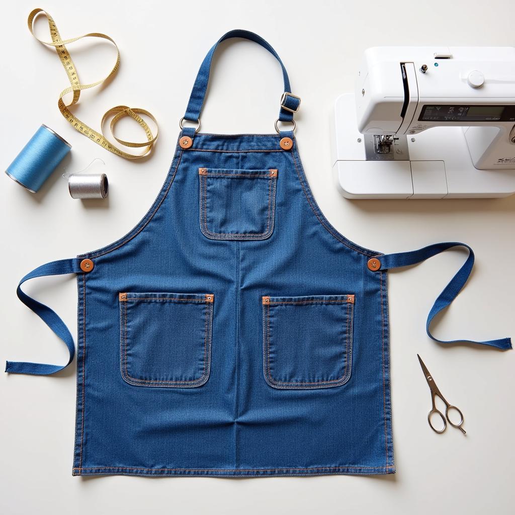 Essential Sewing Tools Laid Out for Making a Jeans Apron