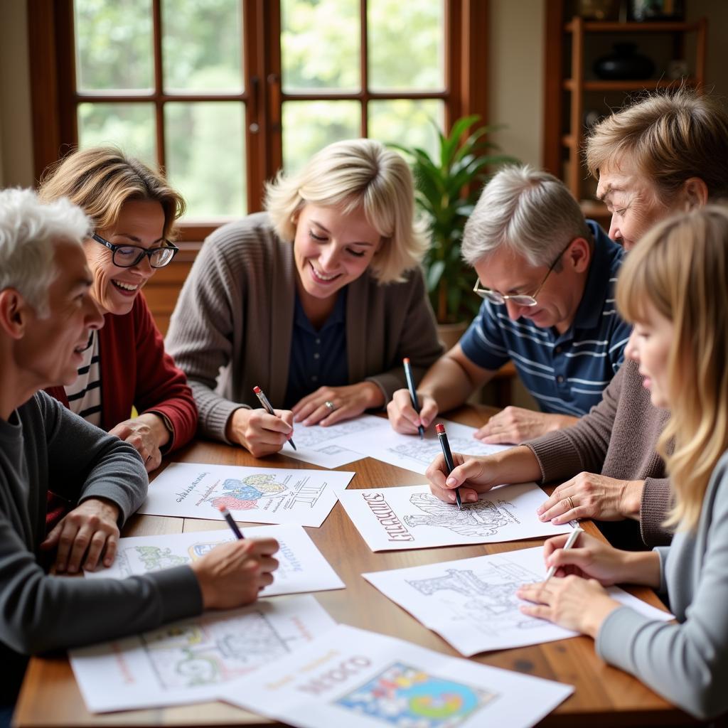 A group of adults gathered around a table, coloring Christian-themed pages together.