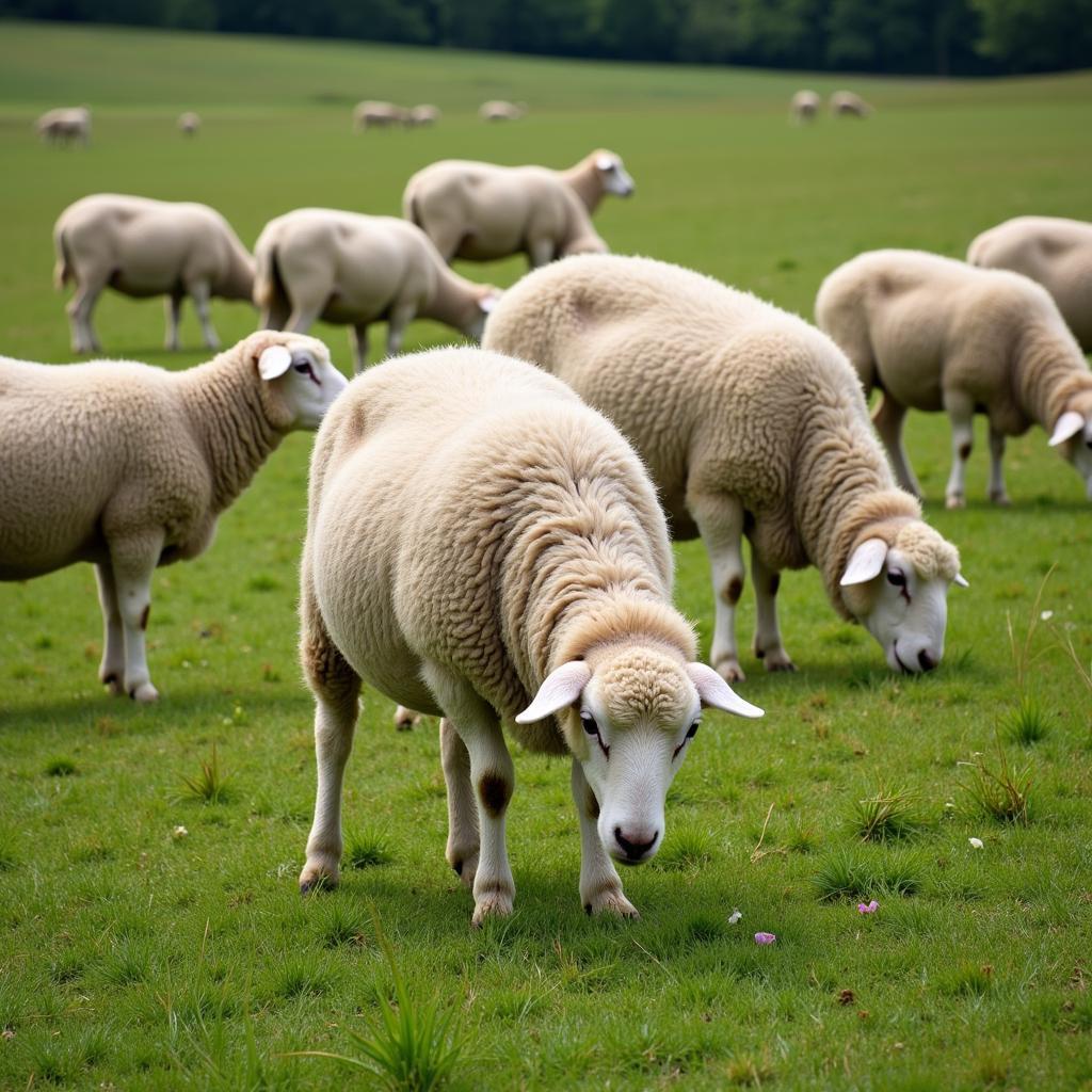 Sheep grazing on green pasture