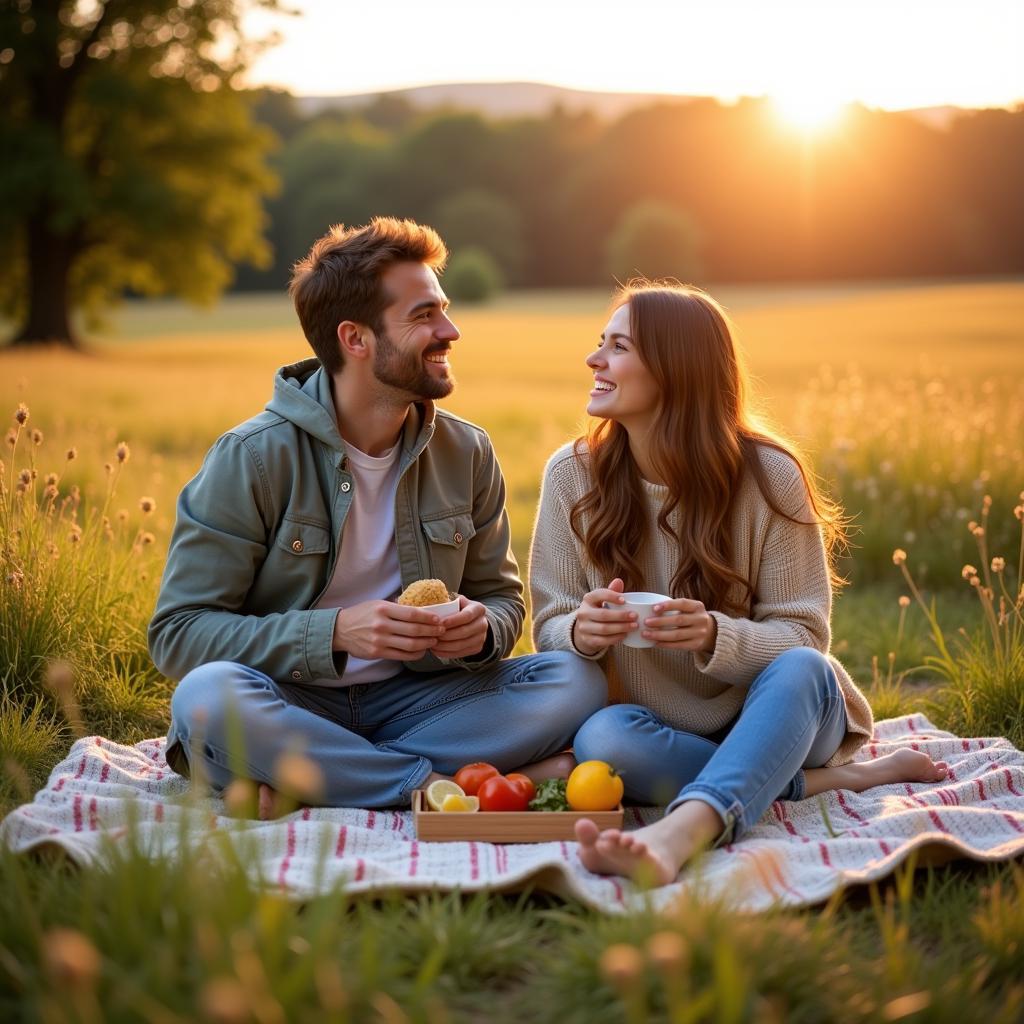 Couple laughing while picnicking in a field