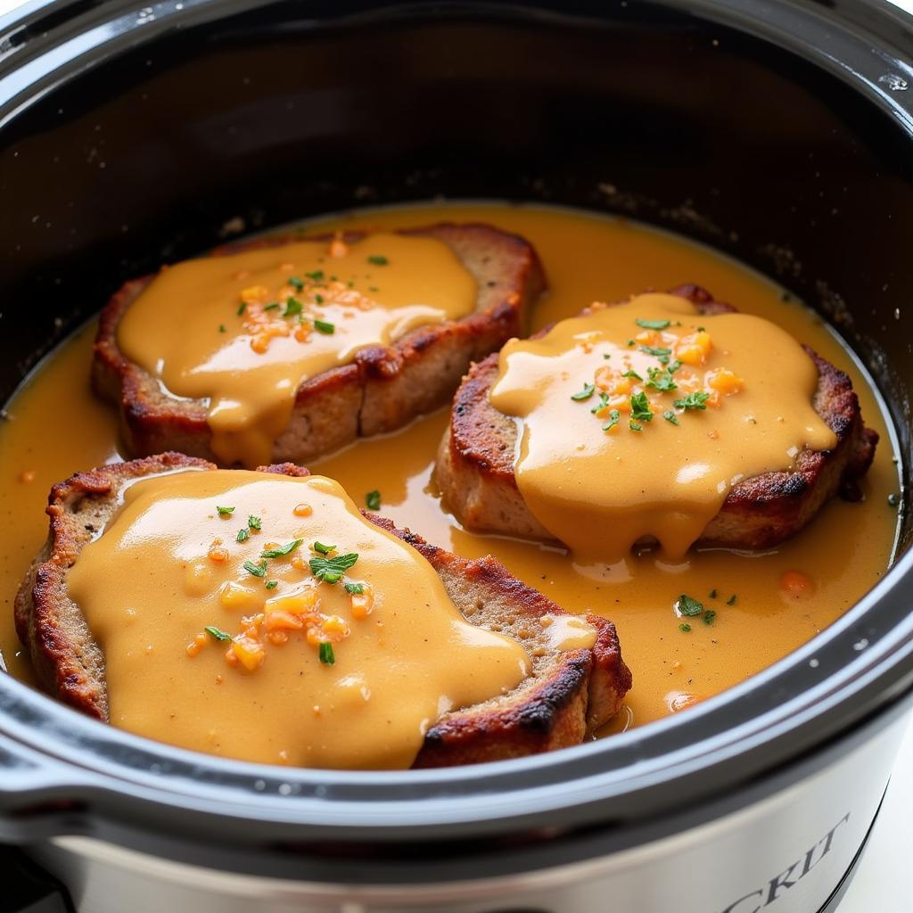 Tender slow cooker pork chops bathed in a rich apple cider sauce.