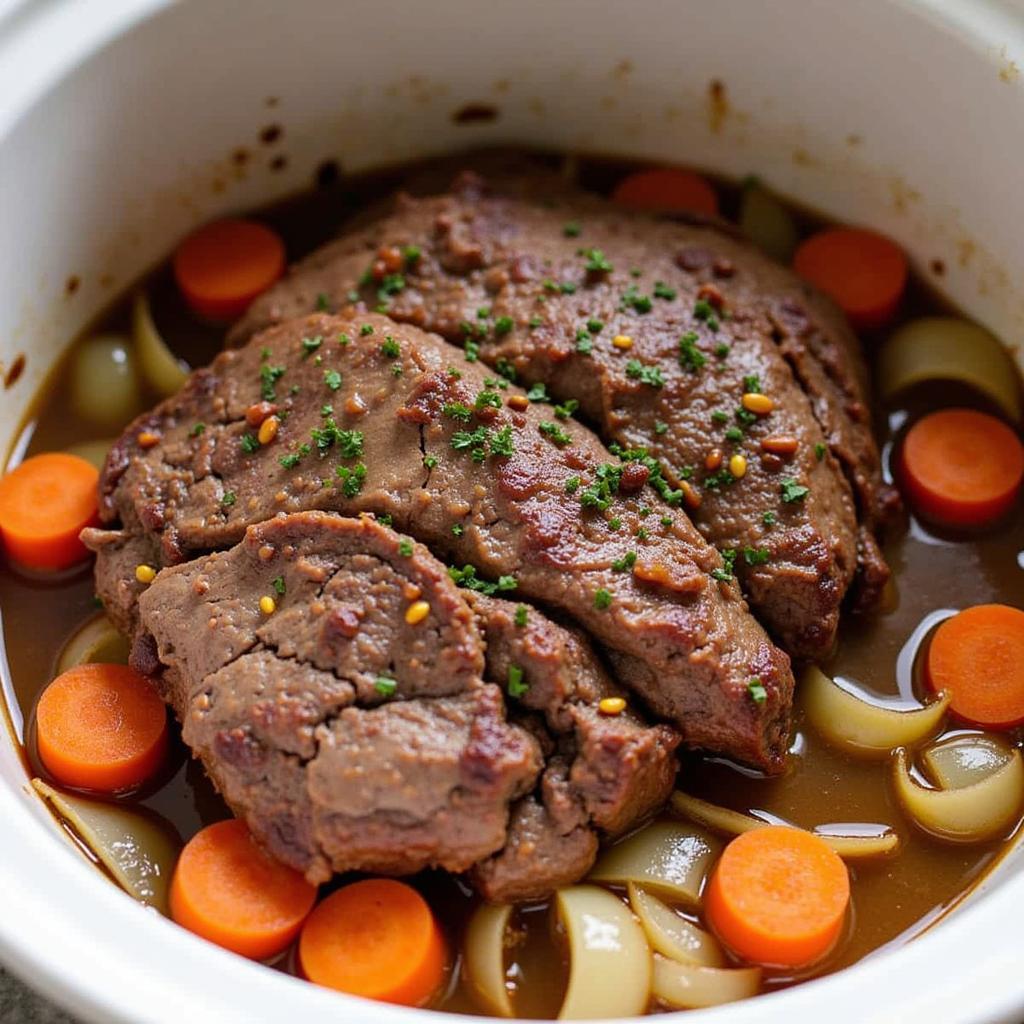 A slow cooker with gluten-free brisket