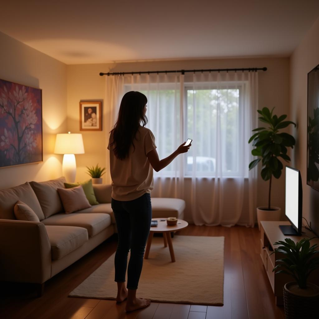 A woman controlling her smart home lighting with a voice command