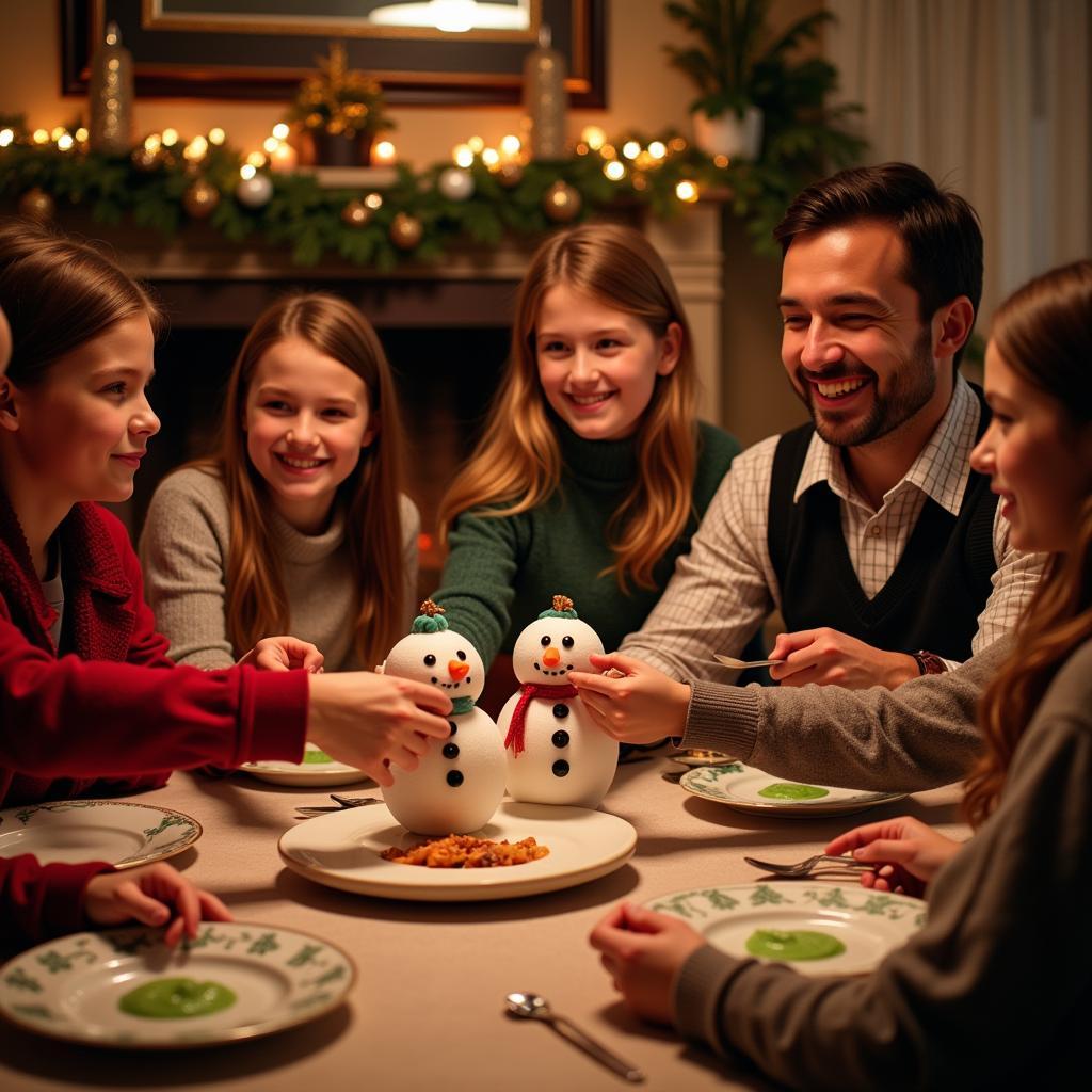 People Exchanging Snowman Soup Treat Bags