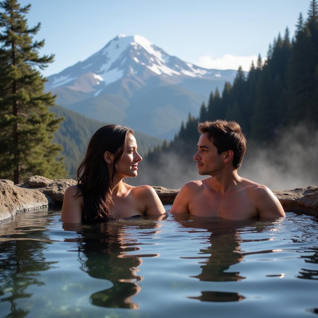 People relaxing in a natural hot spring with Mount Shasta in the background