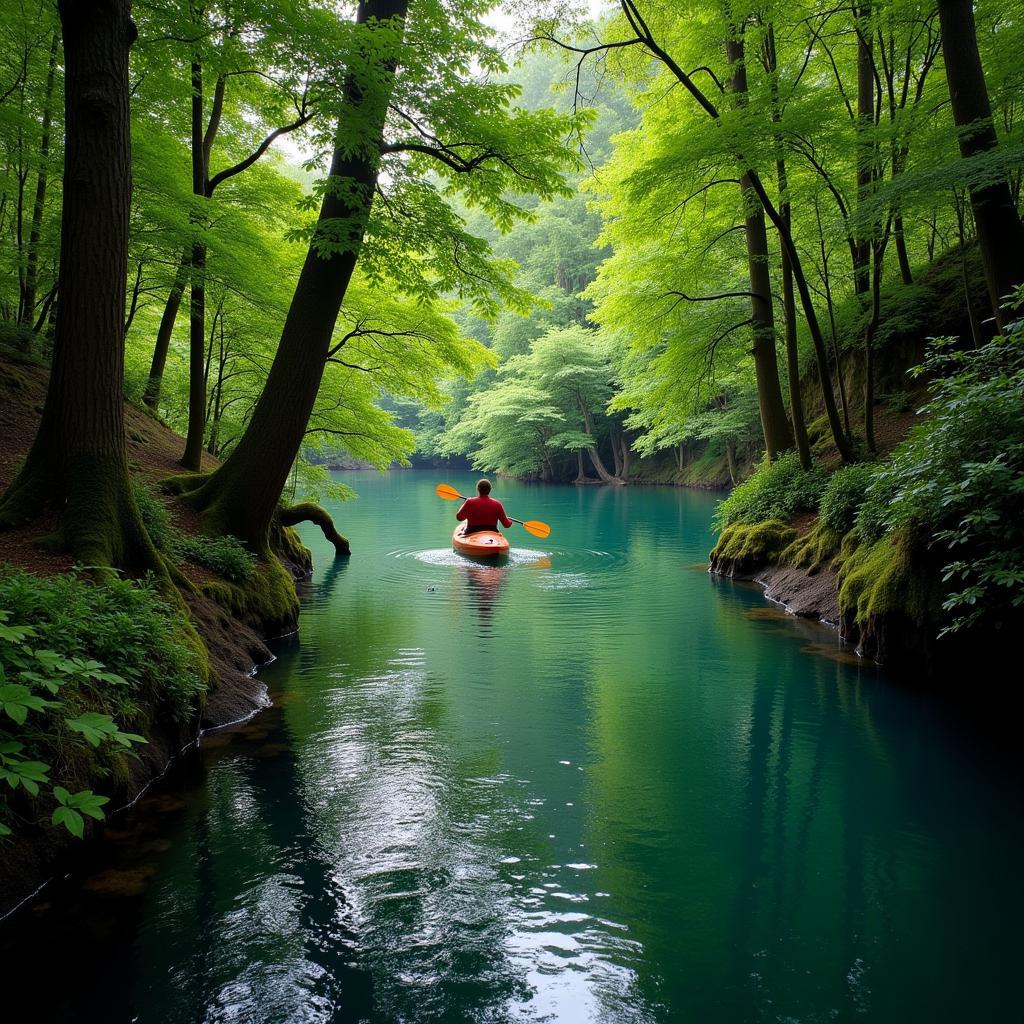  A solo kayaker paddling through a serene cove surrounded by lush greenery