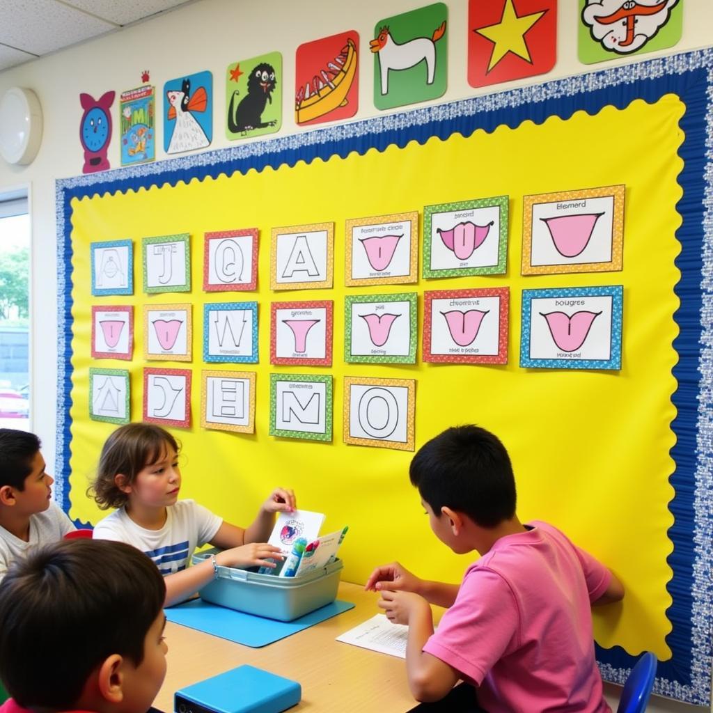 Classroom sound wall with mouth pictures