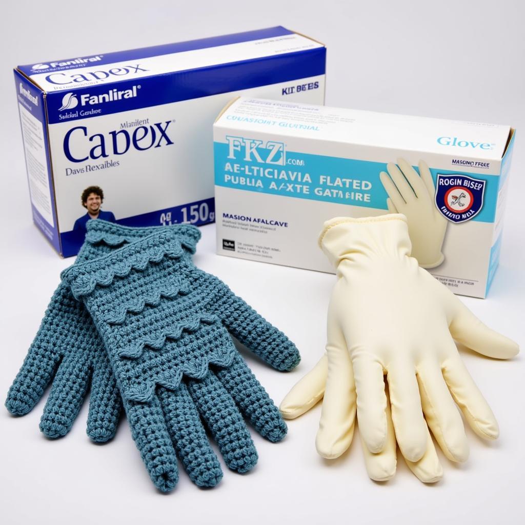 Close-up of specialized free gloves: dragon scale crochet gloves, masonic gloves, and accelerator-free nitrile gloves.