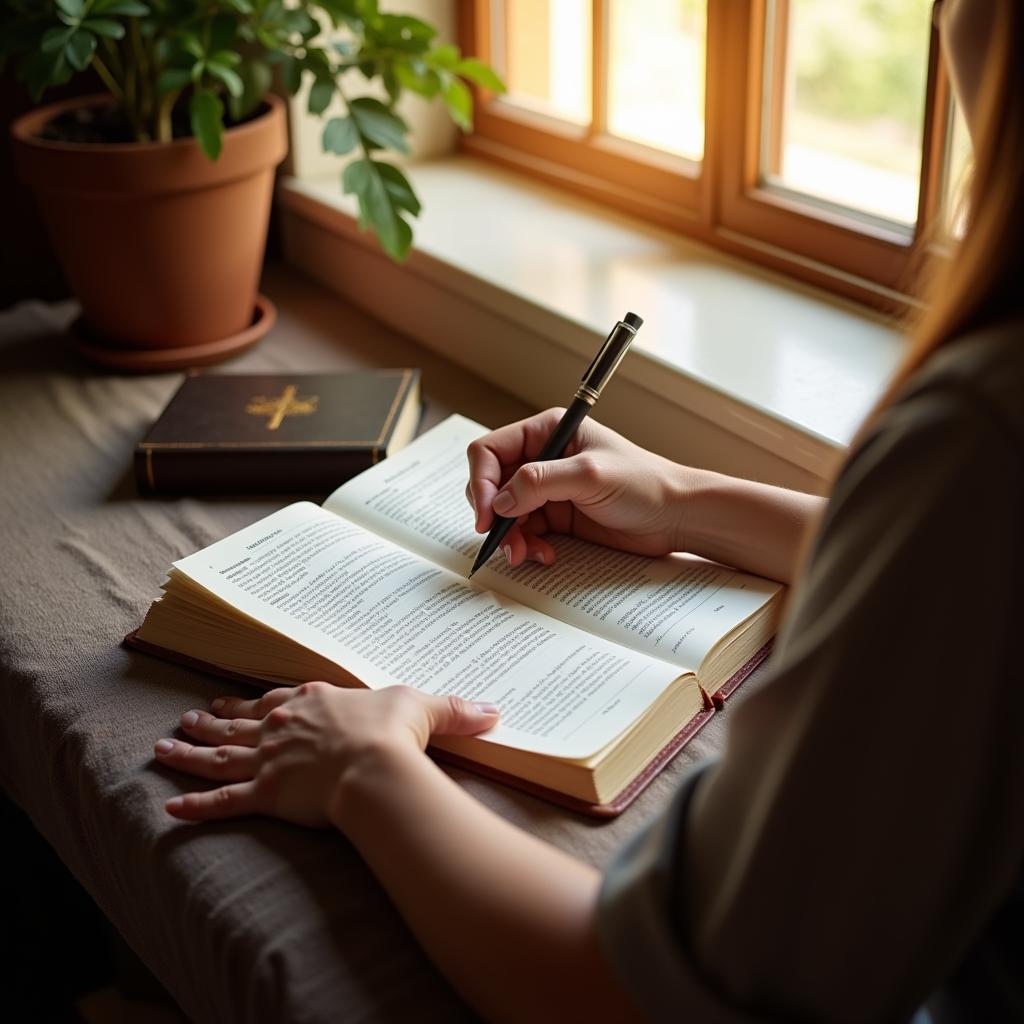 A person meditating with a journal and a Bible.