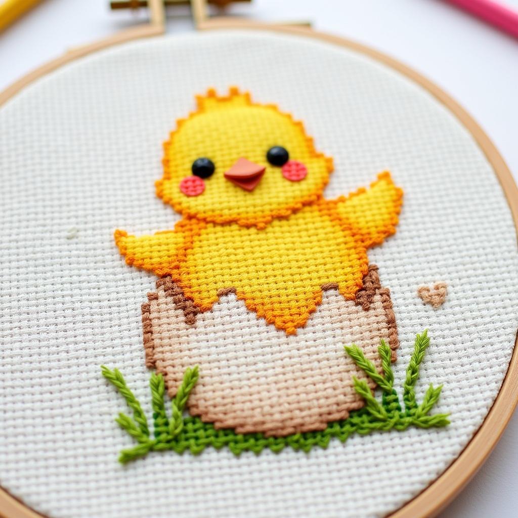 Simple cross stitch pattern of a chick hatching from an egg.