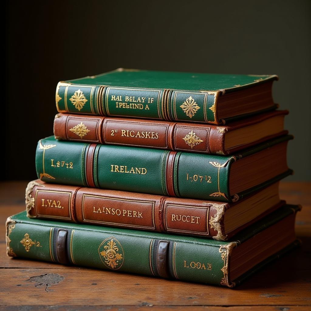 A stack of old books about Irish history and the St. Patrick's Breastplate