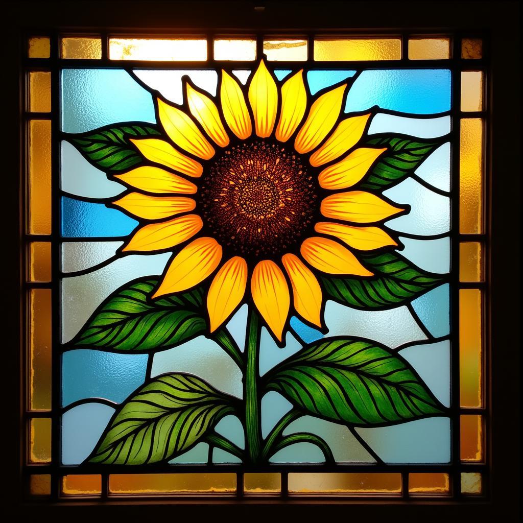  A completed stained glass panel featuring a vibrant sunflower design.