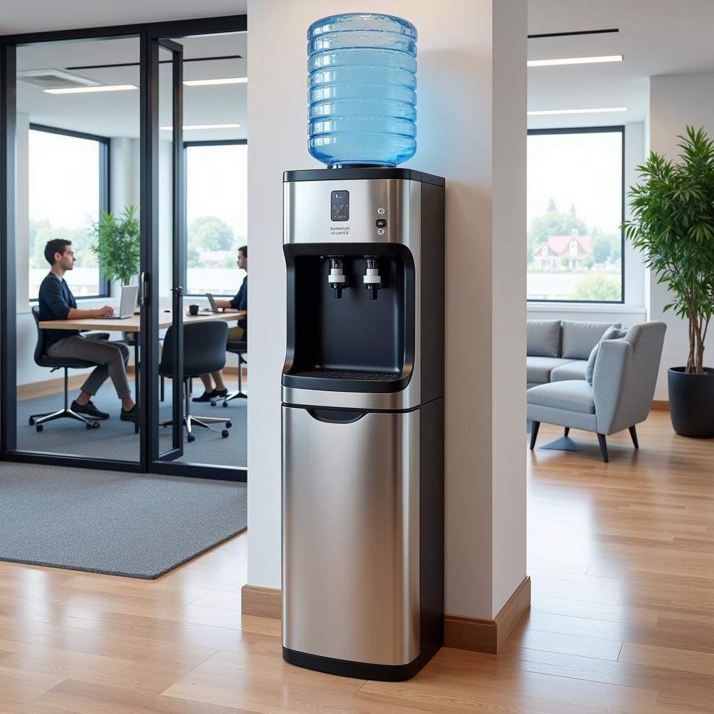 Sleek stainless steel water cooler in a modern office setting