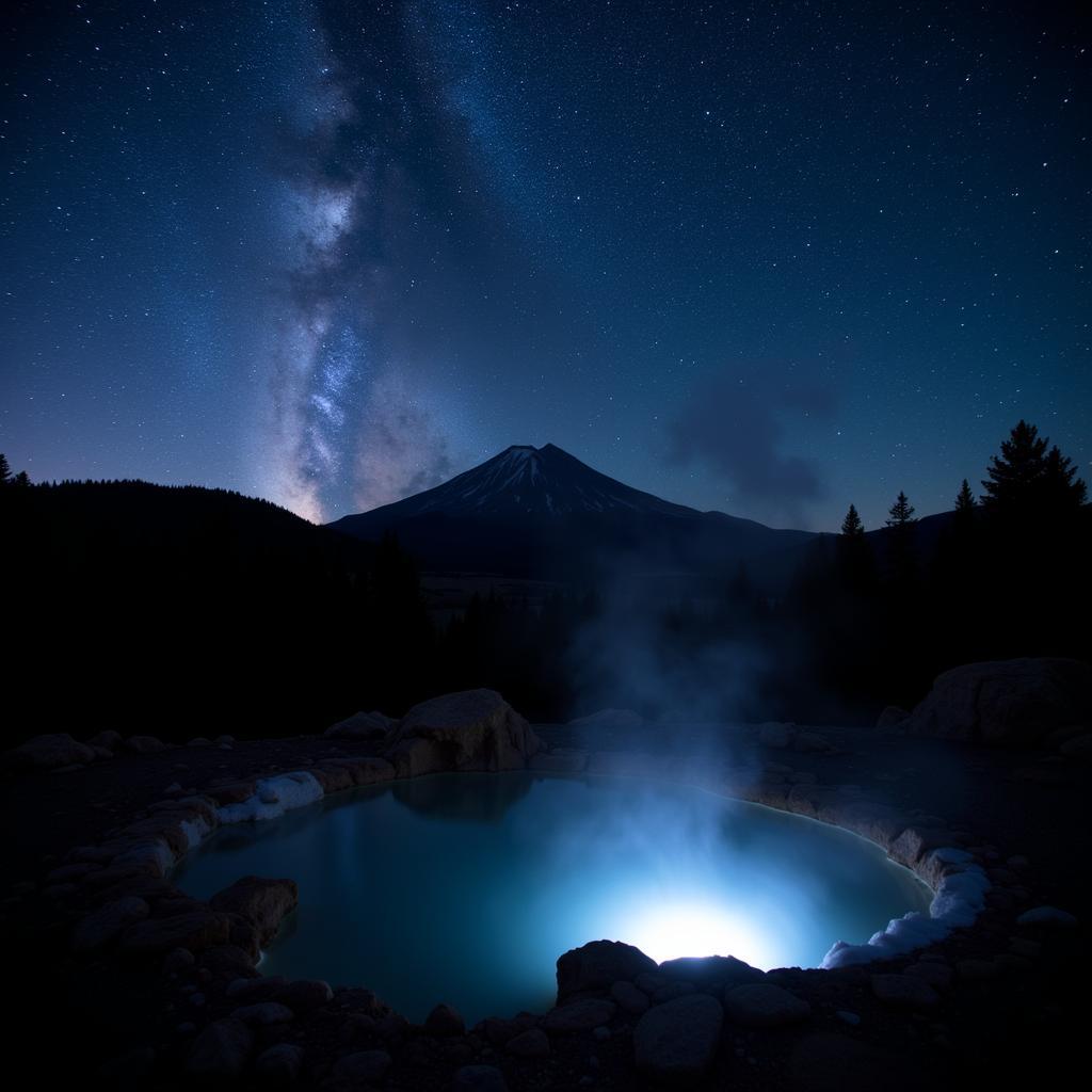 Starry night sky over a serene hot spring near Mount Shasta